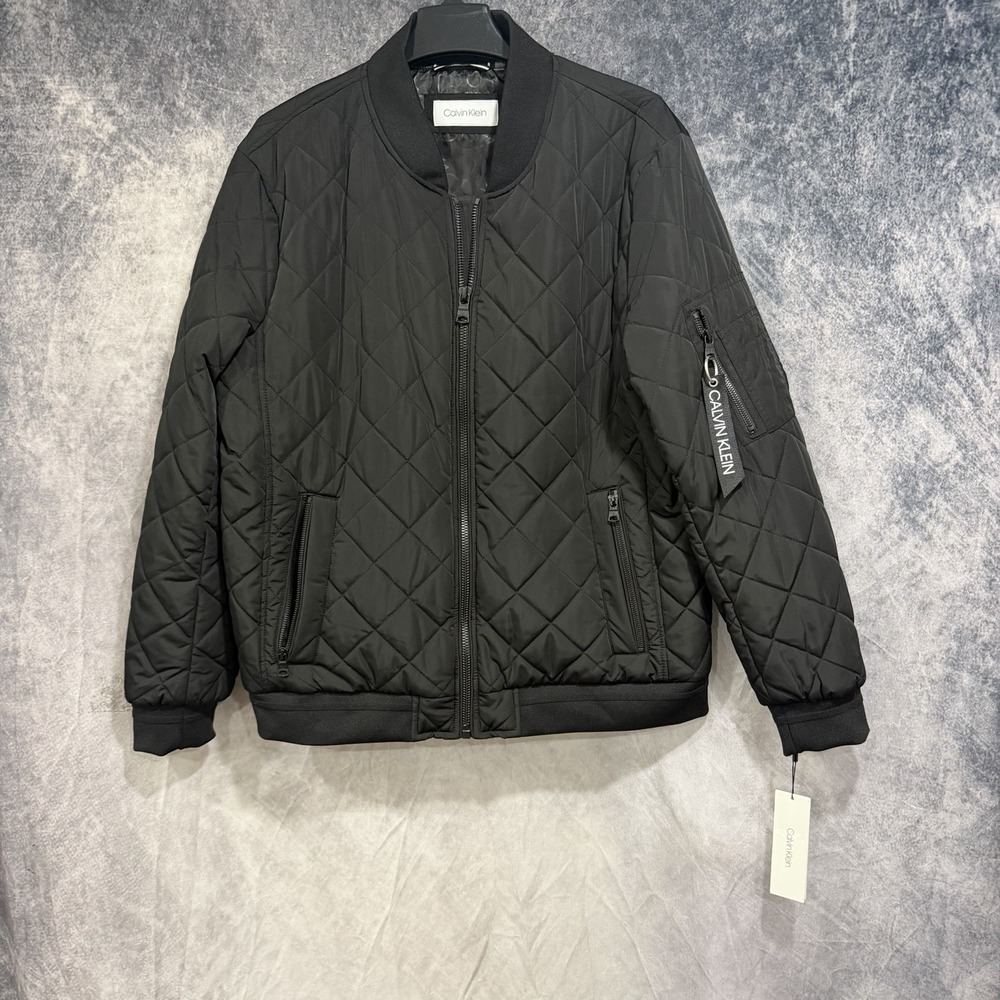 CALVIN KLEIN Quilted Baseball Jacket with Rib-Knit Trim Men's Size L Black